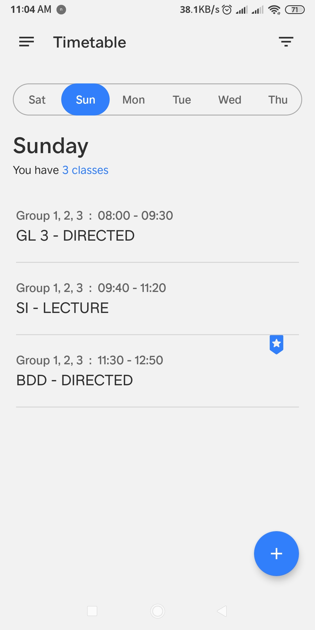 Classes timetable