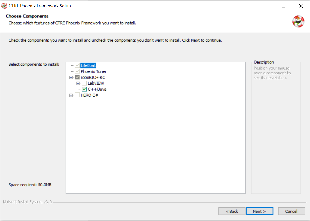 The CTRE Framework Setup Installation Selection screen.