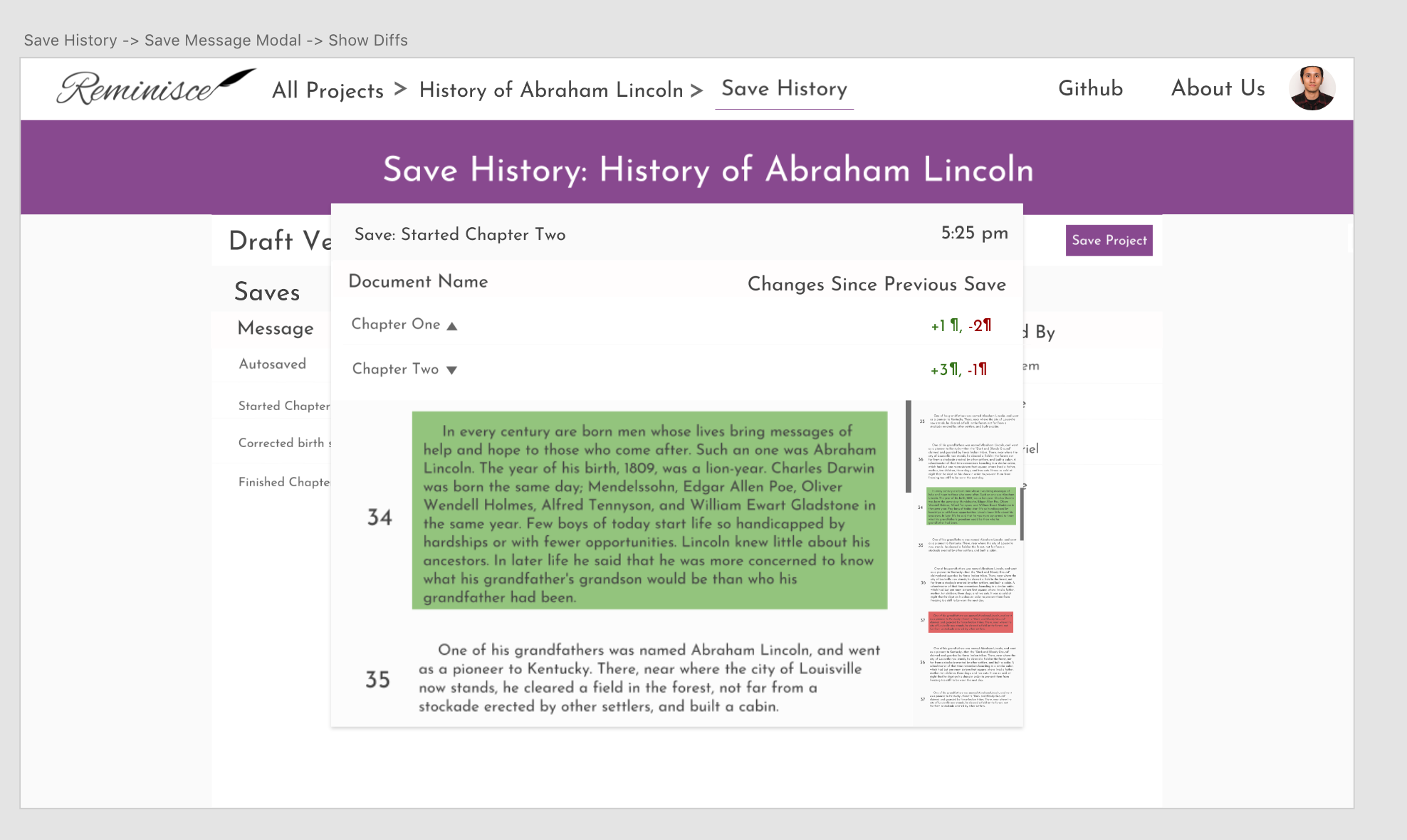 Save History Modal with Diffs