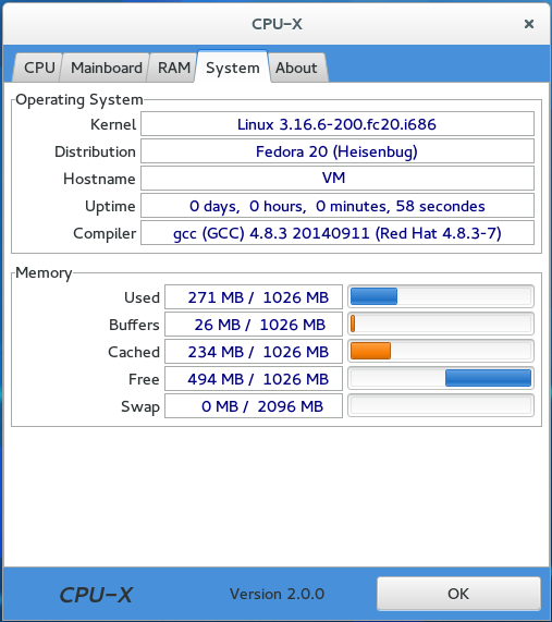 CPU-X on Fedora 20 i686 (under VirtualBox), GTK 3.10 (X11)