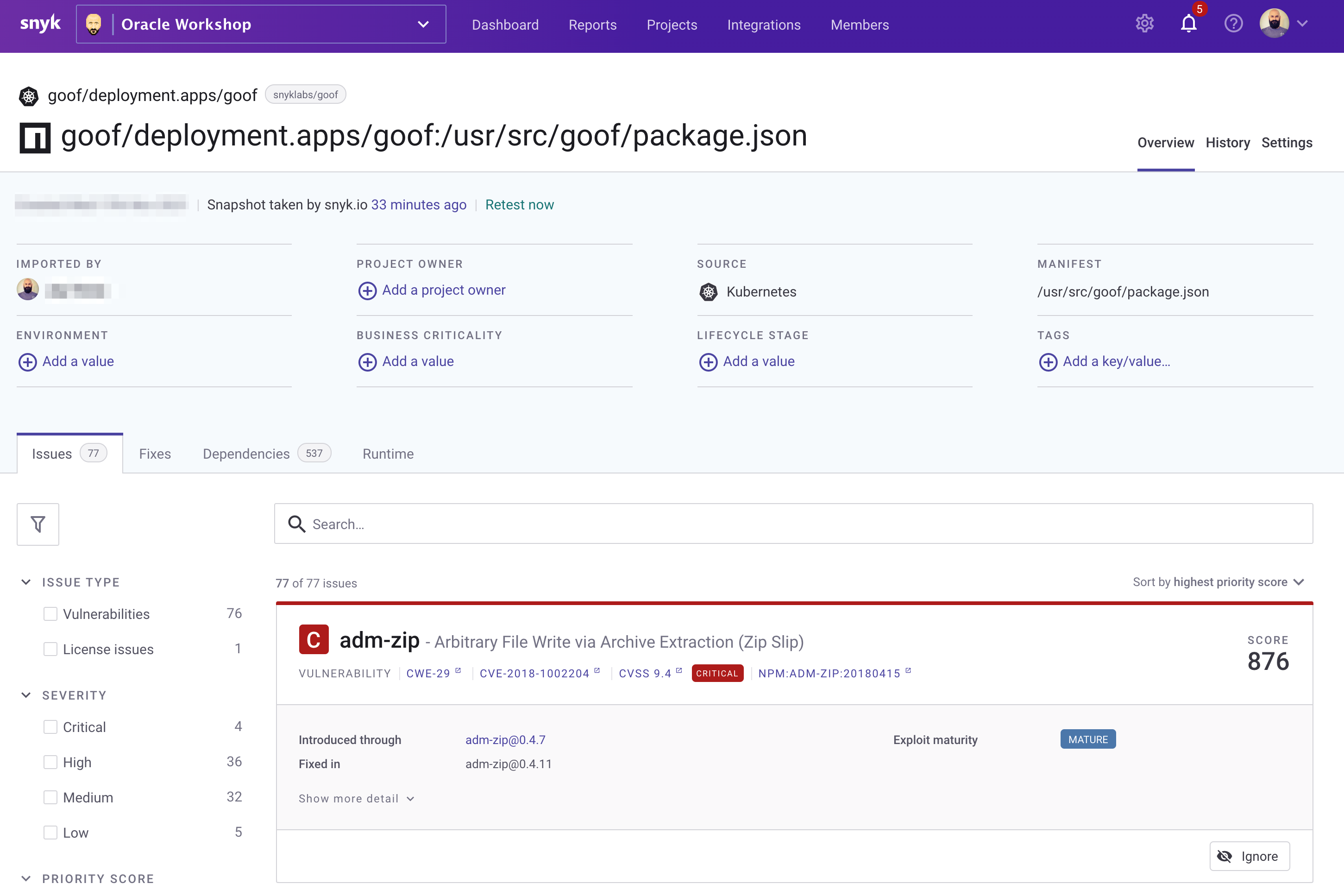 open source dependencies and found vulnerabilities