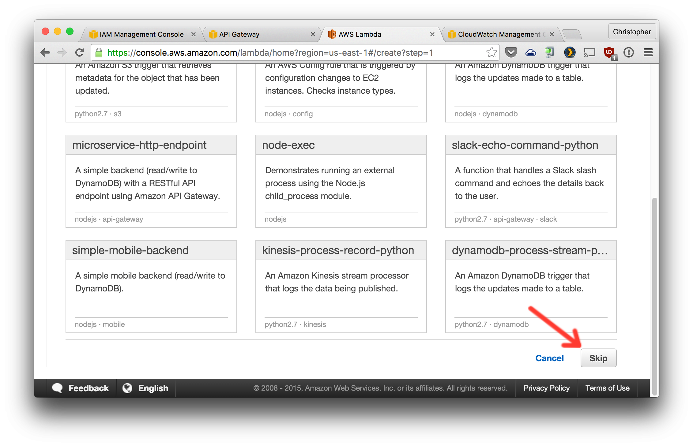 Skip AWS Lambda blueprint selection