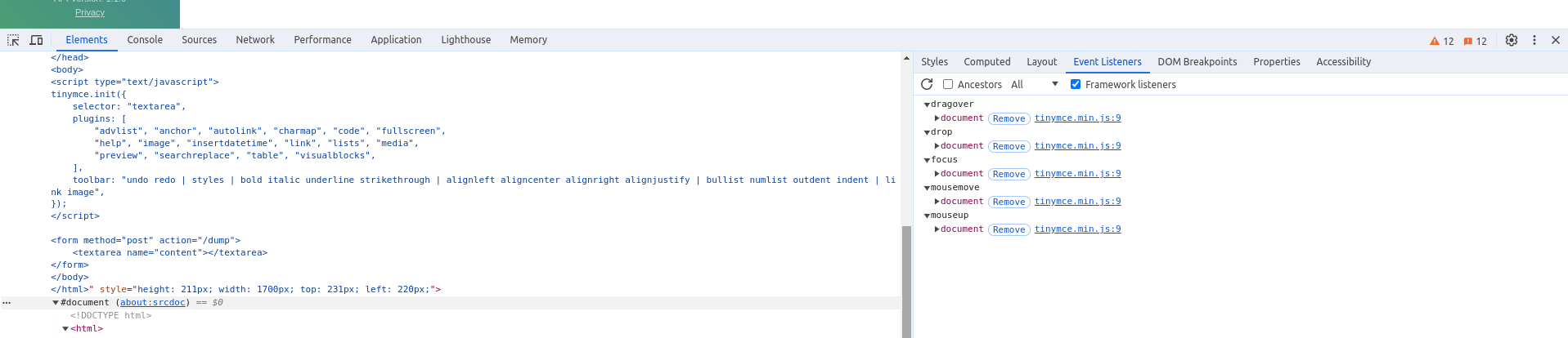 Not all TinyMCE events are being removed after `tinymce.remove()` call ...