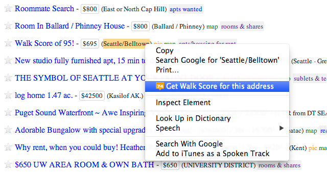 Right-Click Walk Score Craigslist screenshot