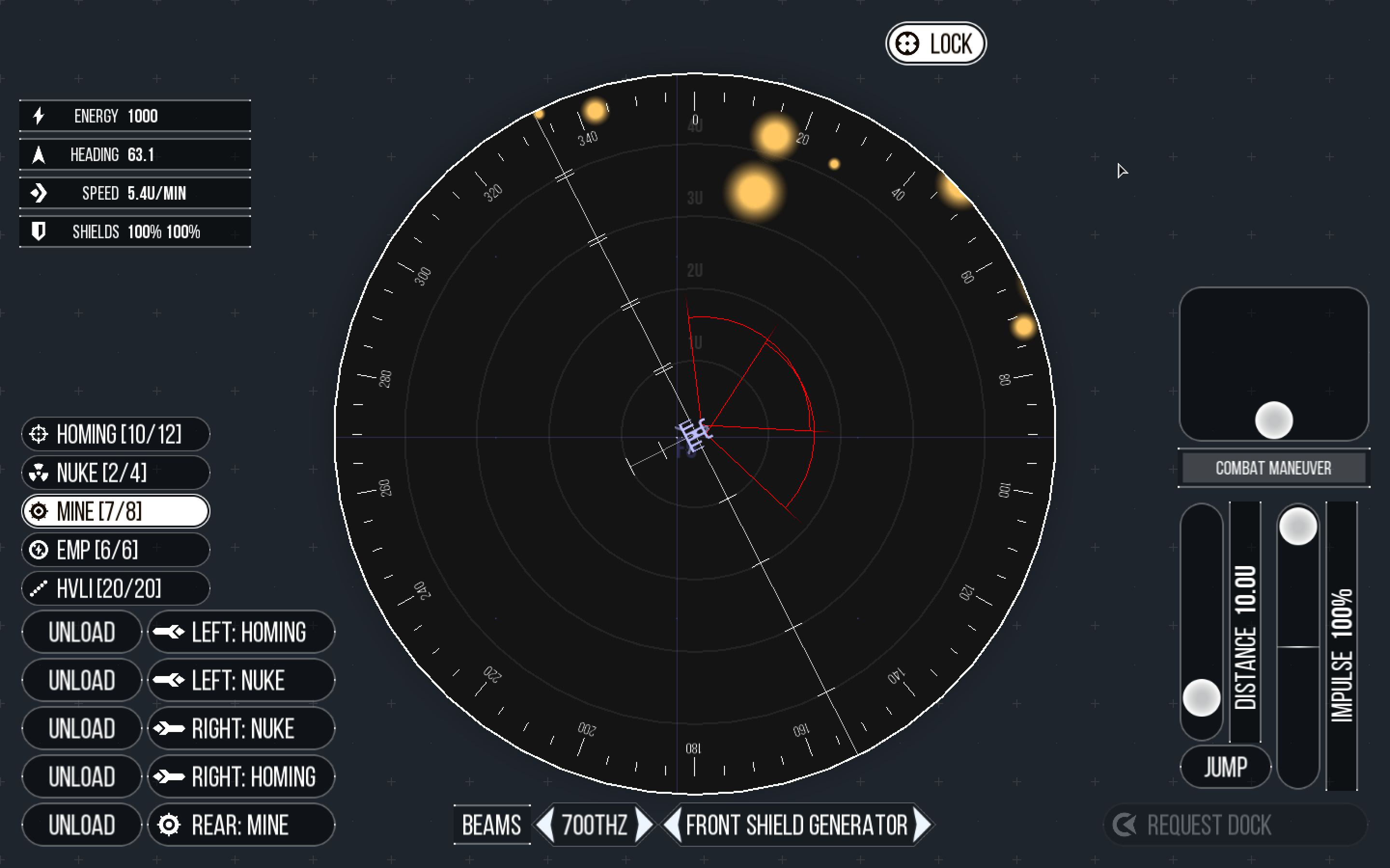 Tactical screen, with weapons and piloting controls