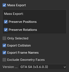 Export properties screenshot with custom version set