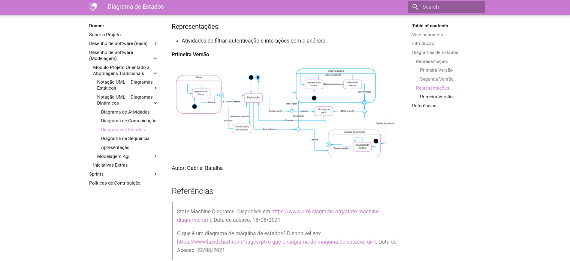 Página do projeto, seção de Diagrama de Estados