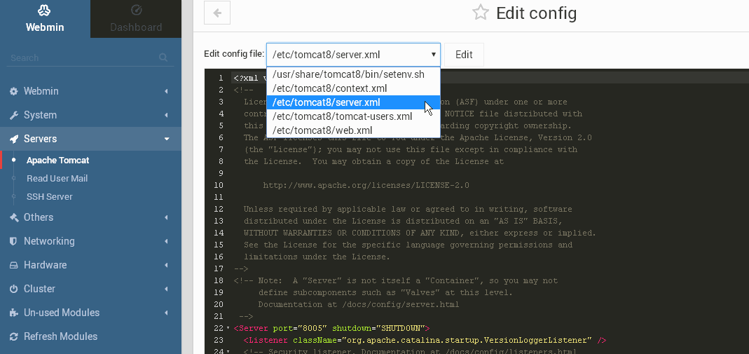 tomcat webmin module edit configs