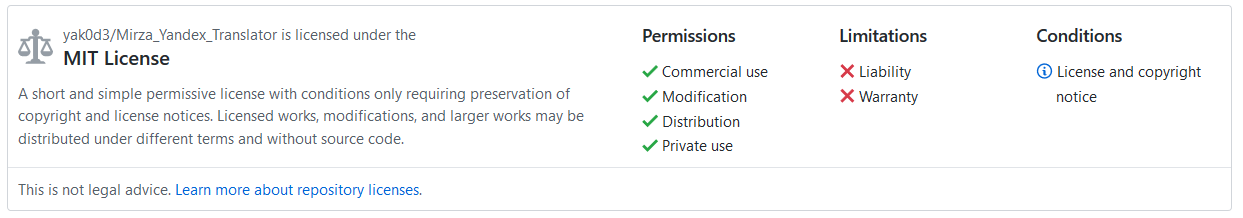 Mirza Yandex Translator MIT License