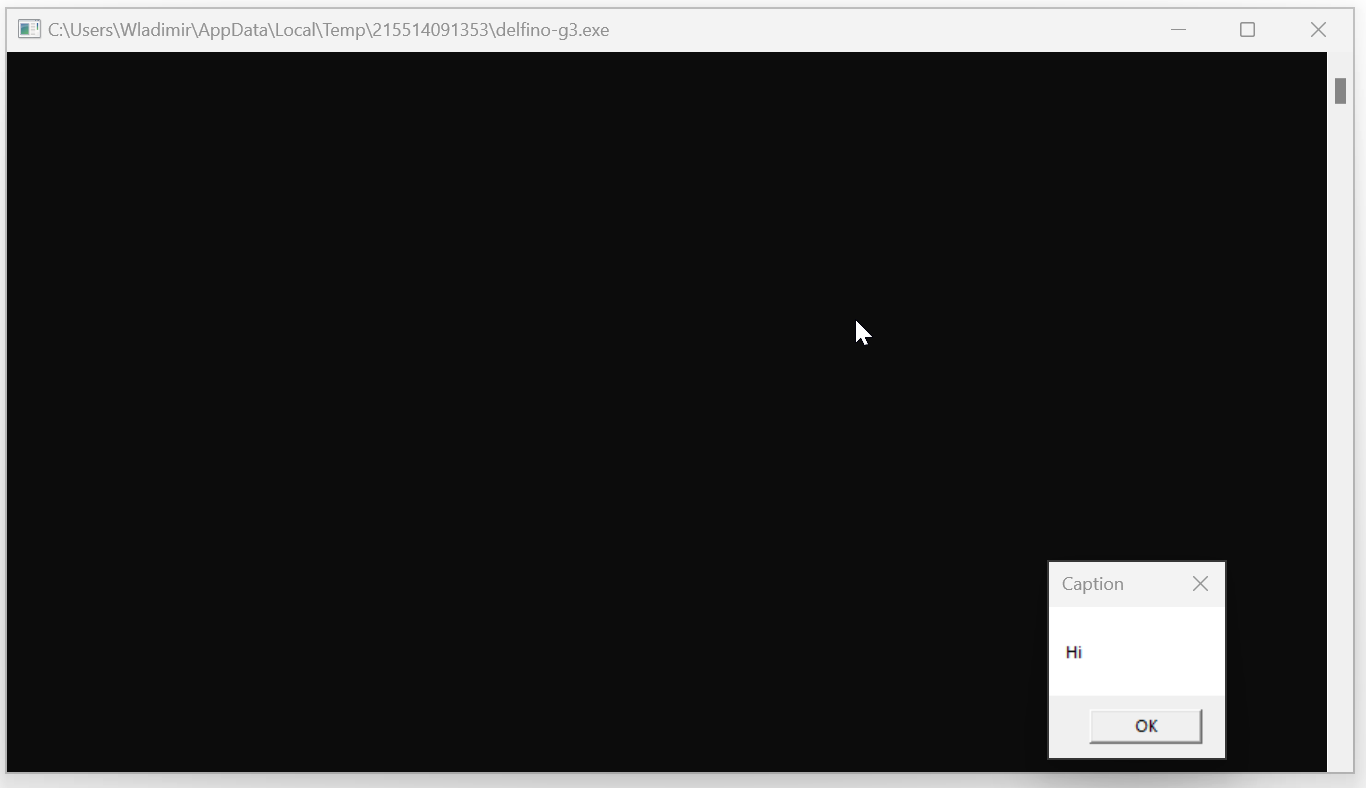 Console window titled “delfino-g3.exe”, on top of it a message box saying “Hi.”