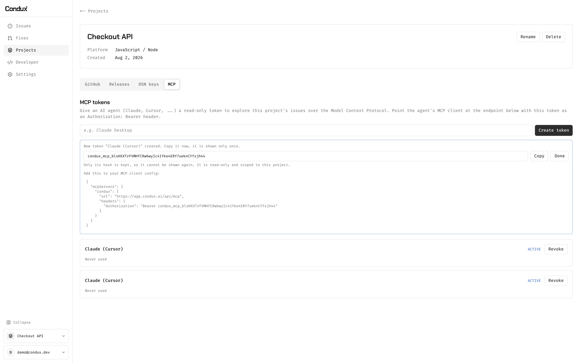 The MCP tab of a project, where a scoped read-only token is minted with its client configuration snippet