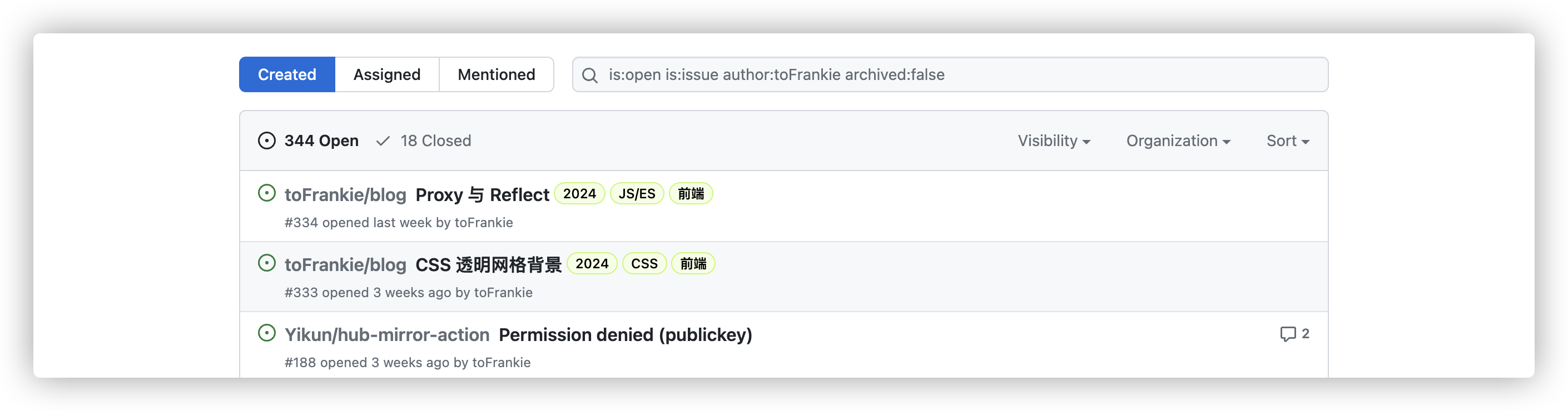 如何查看自己在 Github 中提及或回复过的 Issue 记录？ · Issue #335 · tofrankie/blog · GitHub