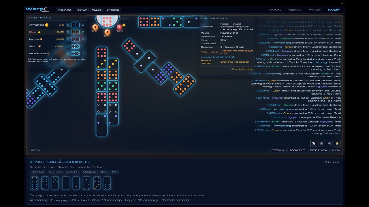 Watch the Warp 12 four-player, one-versus-three AI, wormholes, longest trail, drafting, double down, and hot potato modules demo on YouTube