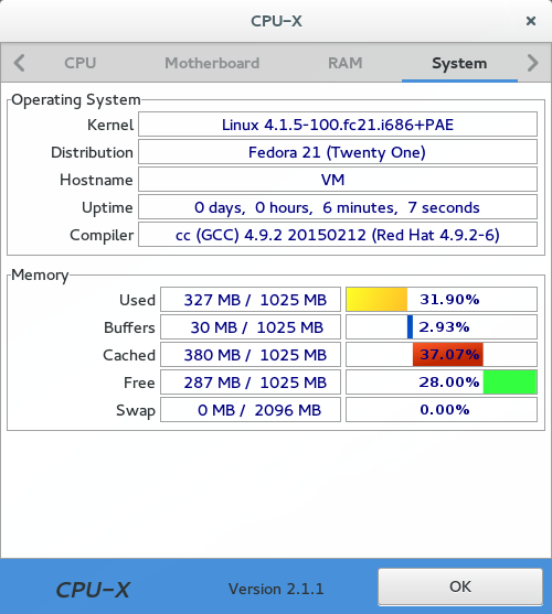 CPU-X on Fedora 21 i686 (under VirtualBox), GTK 3.16