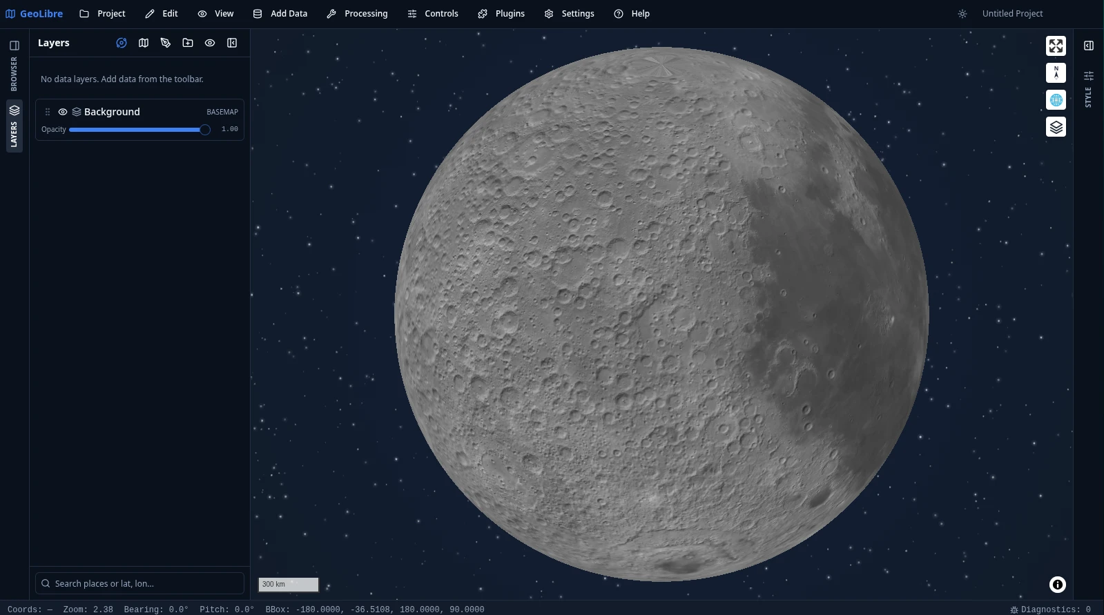 GeoLibre globe view of the Moon over a starfield backdrop