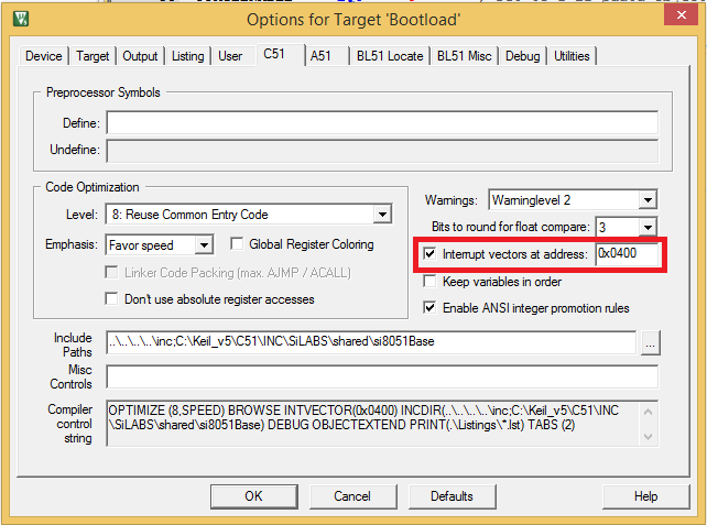 Keil C51 tab options