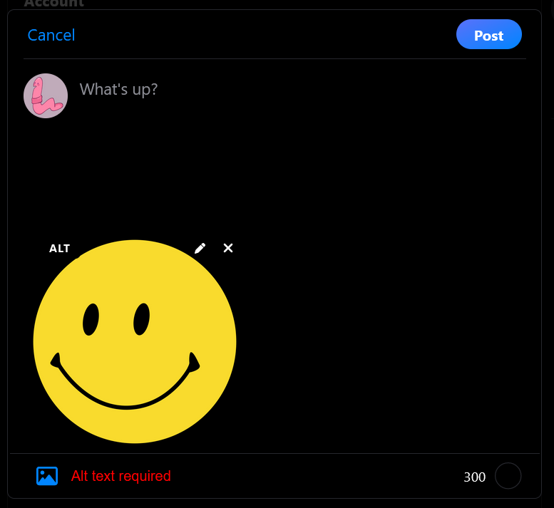 Illustration of proposed validation error. An error is displayed to the user, letting them know they need to add alt text to their image submission