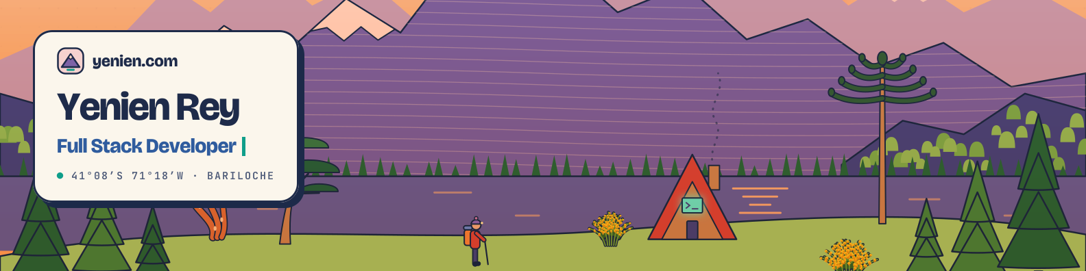 Yenien Rey, full stack developer. A hand-drawn Patagonian landscape at sunset: snowy peaks, a lake, a red A-frame cabin with a terminal in its window, and a hiker.