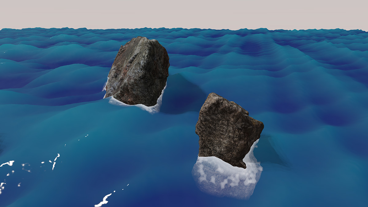 A screenshot from the Peony game engine, showing rocks in a simulated ocean