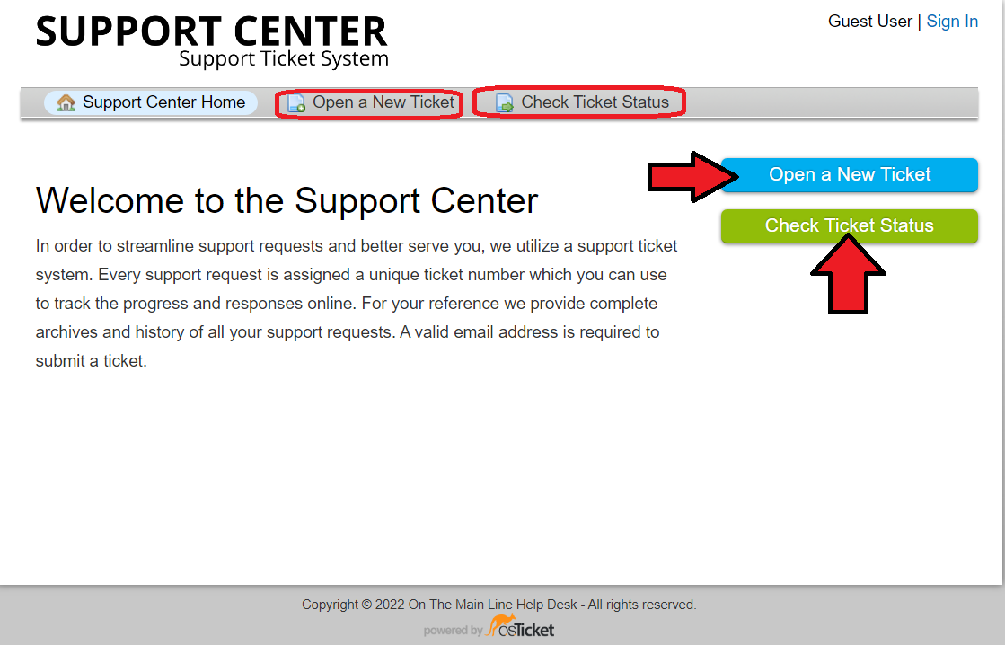 End user login page to open/check ticket status