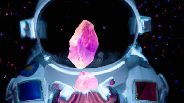 Astronaut holding a pink crystal.