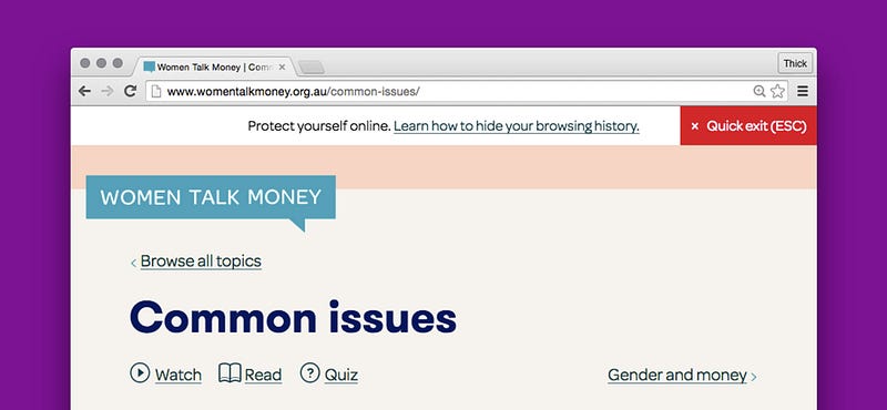 Screenshot of Women Talk Money website with panic button banner at the top