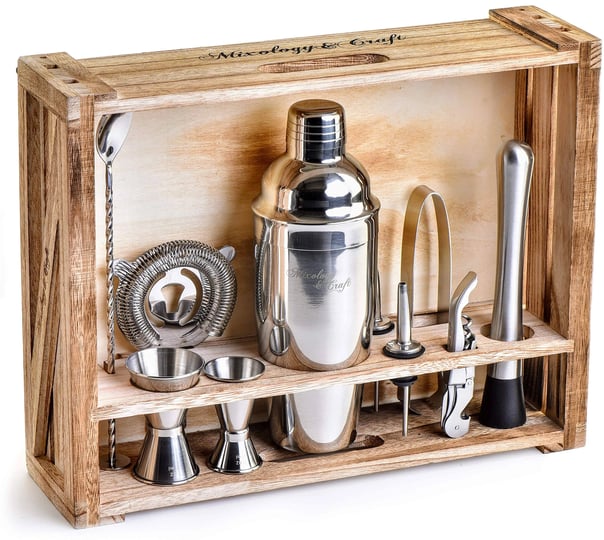 mixology-bartender-kit-with-rustic-wood-stand-11-piece-all-inclusive-bar-set-silver-1