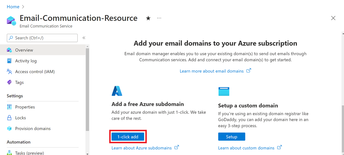 Screenshot showing 1-click add button for Azure subdomain