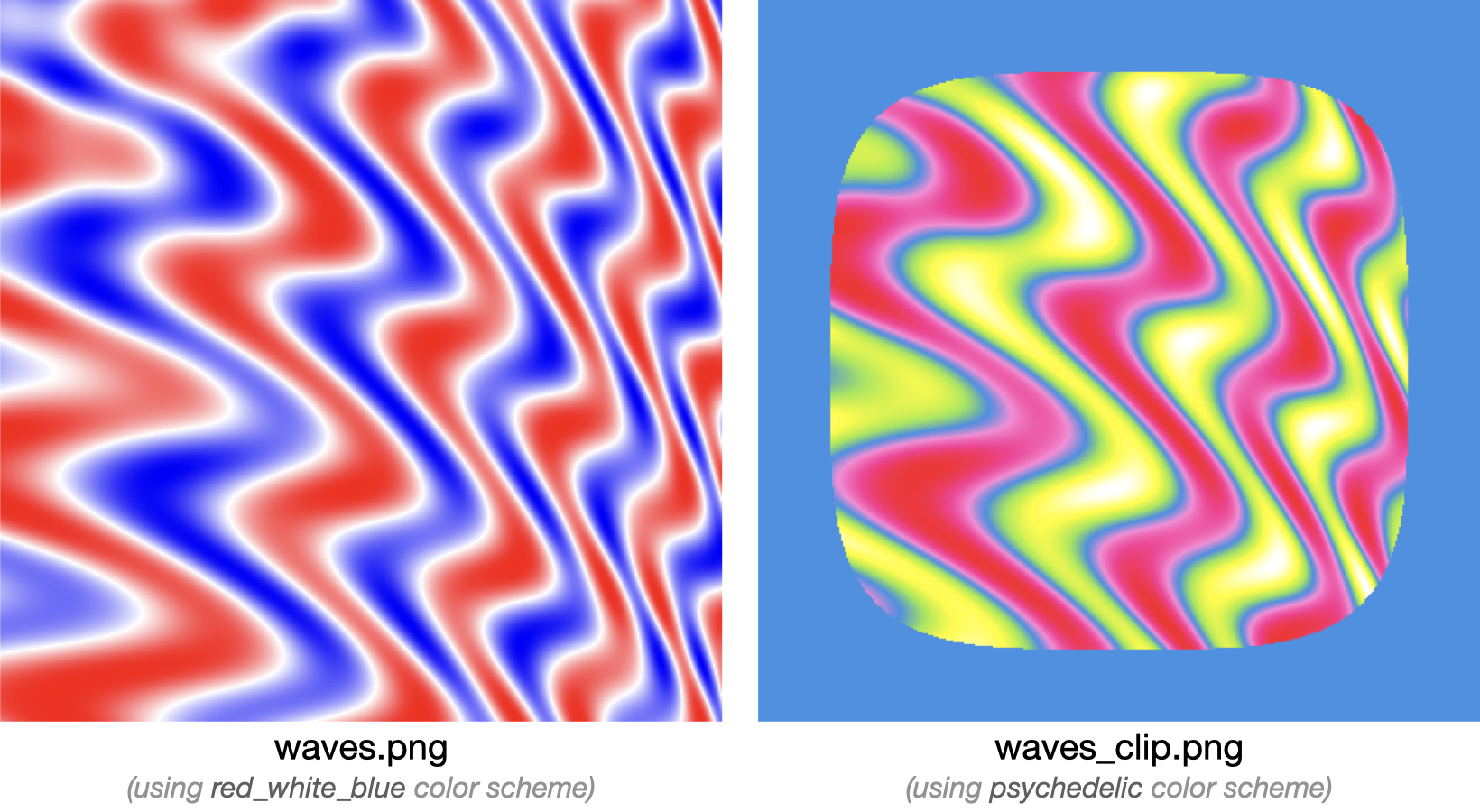 Two bitmap images made from the waves test file