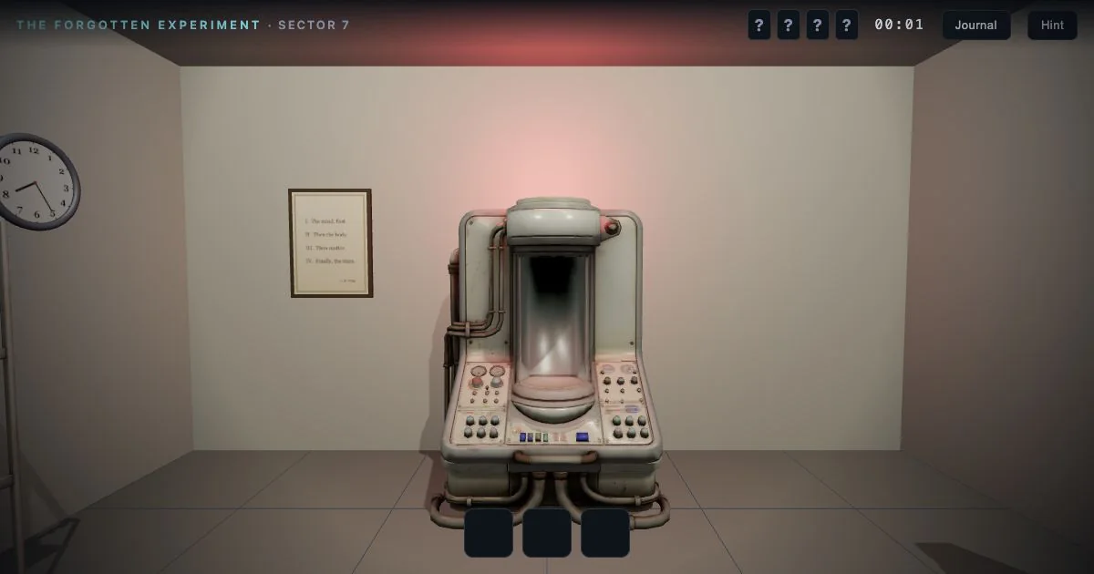 A worn containment machine stands in an abandoned laboratory beneath a classified experiment HUD.