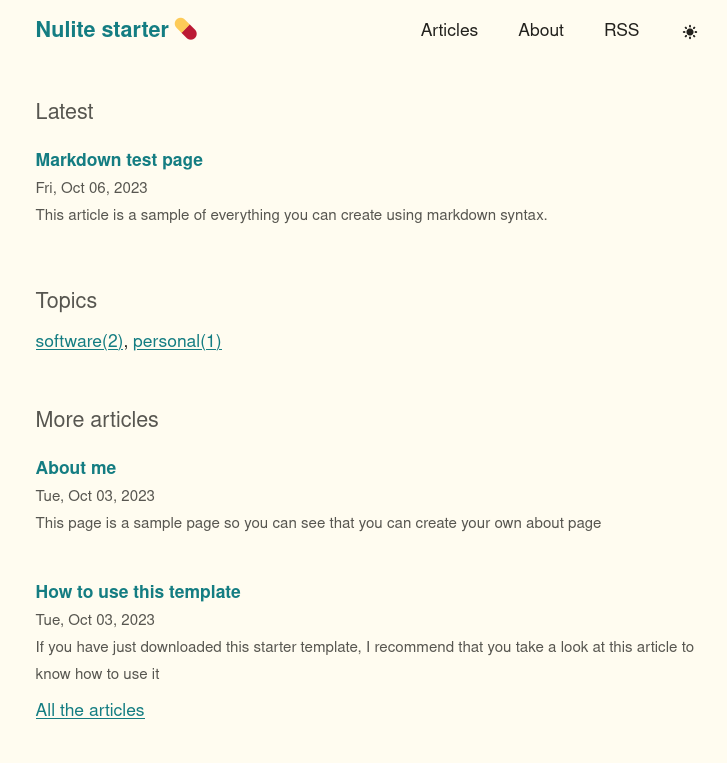 Preview of the Nulite blog starter. A simple website whith sample articles