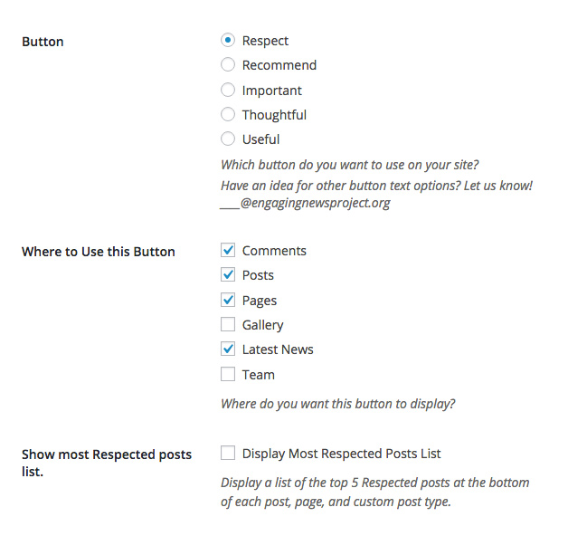 Button options settings panel