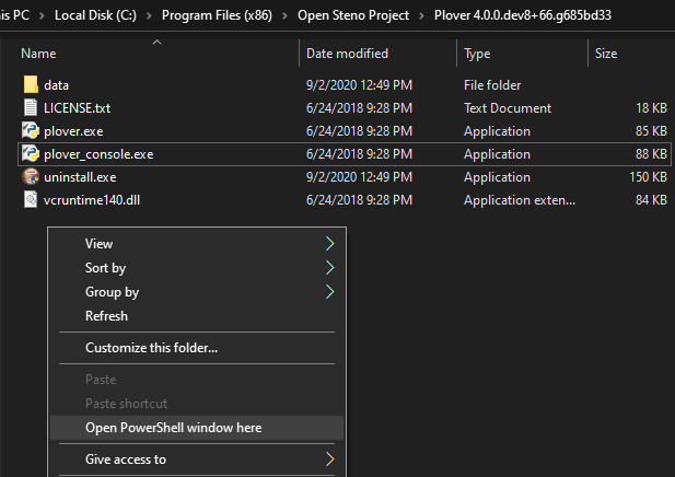 Open Powershell option highlighted