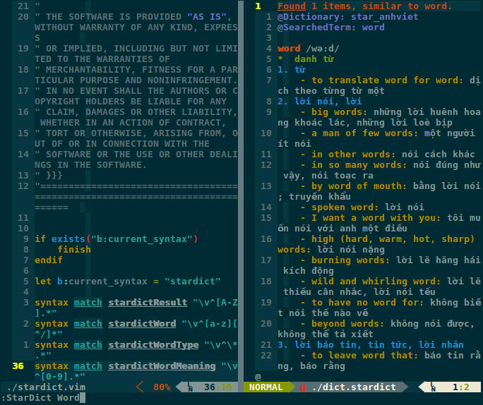 :vsplit mode of vim-stardict