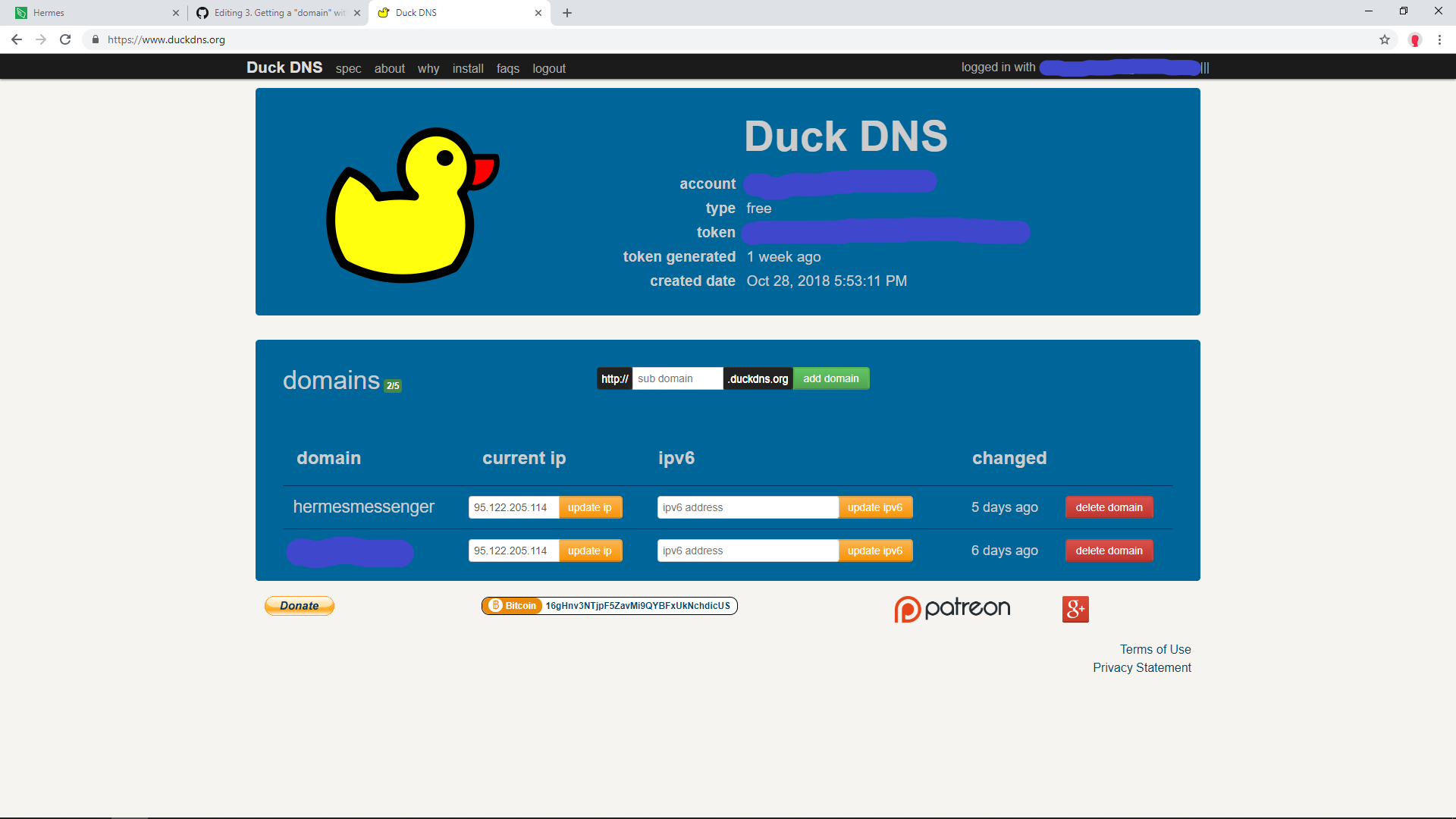 Main DuckDNS page
