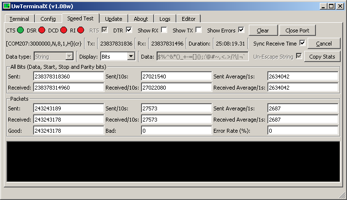 UwTerminalX speed testing showing longer-term testing