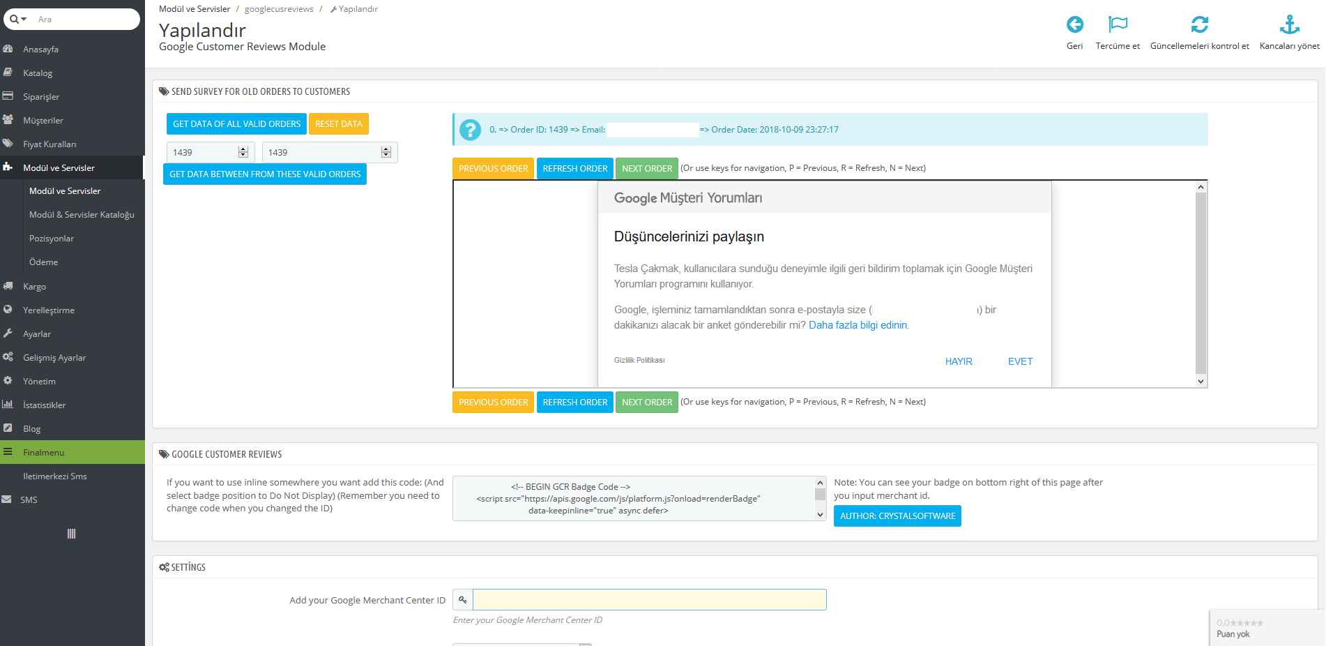 Prestashop Google Customer Reviews Merchant Center Module with Fake Survey Send Old Orders