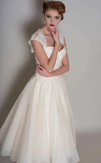 a-line-queen-anne-tea-length-lace-organza-short-wedding-dress-white-size-8-by-dorris-wedding-1