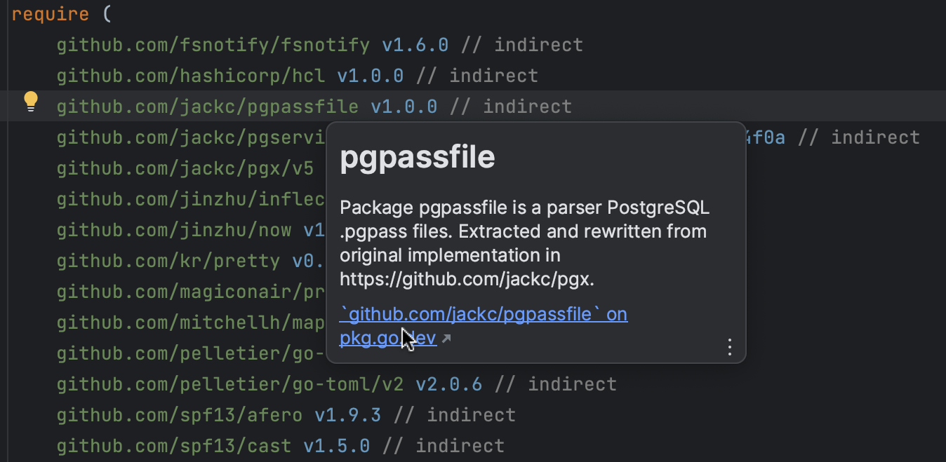 Open dependency's page page on pkg.go.dev screenshot