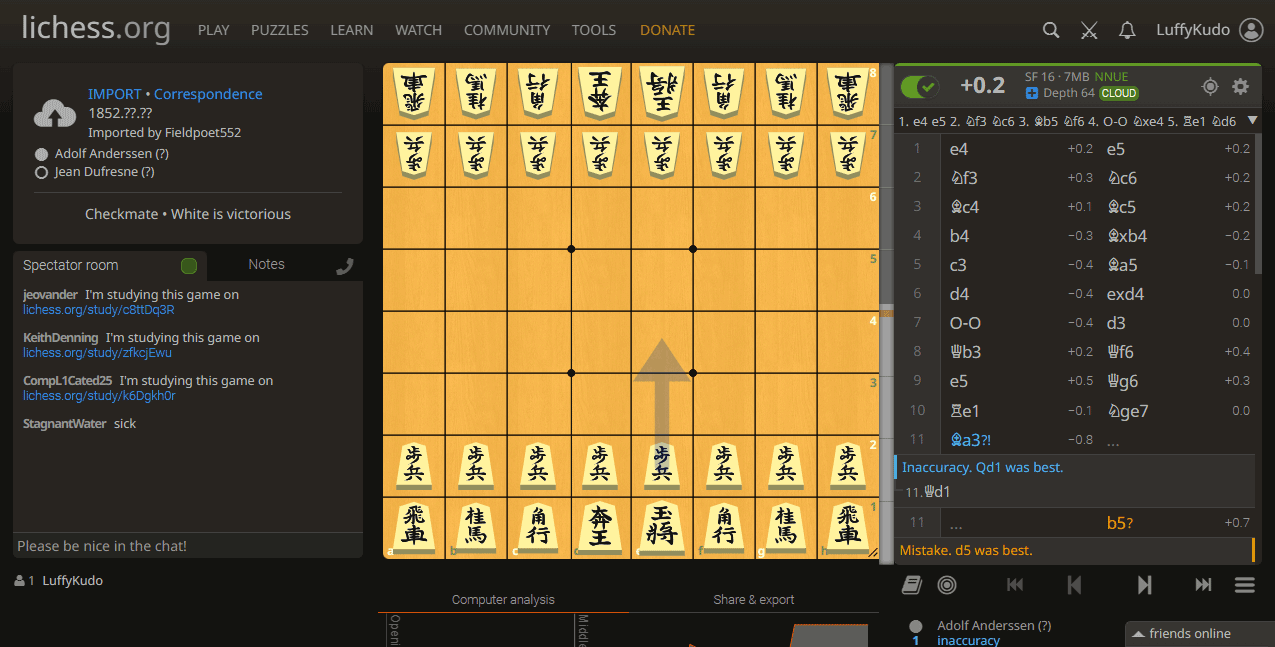 JI Shogi-Themed Chess 2-Kanji Lichess Screenshot Jemierry J.I. Maglinte Jumawan LuffyKudo Evergreen Game Adolf Anderssen Jean Dufresne