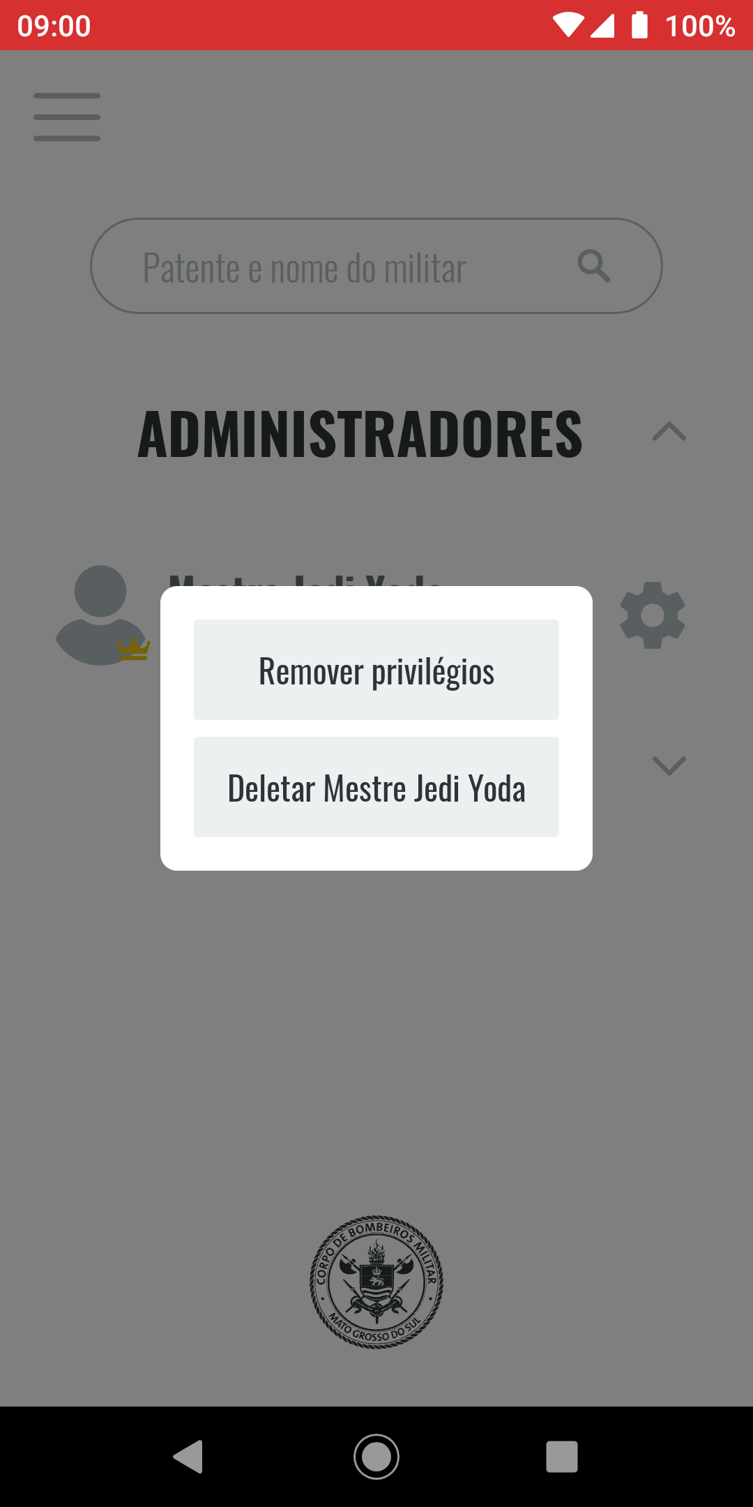 Modal de editar as permissões de um administrador