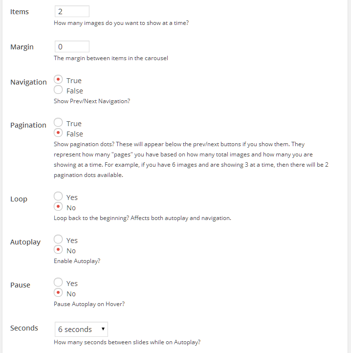 Custom settings for each Owl Carousel that control items per "stage", margin between items, navigation, pagination and more.