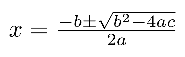 X equals negative B, plus or minus the square root of B squared minus four A C, all over two A