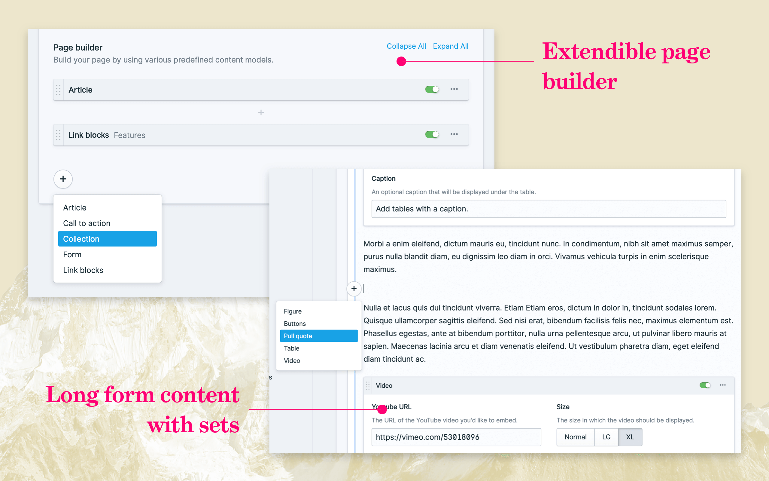 Extendible page builder and long form content with sets.