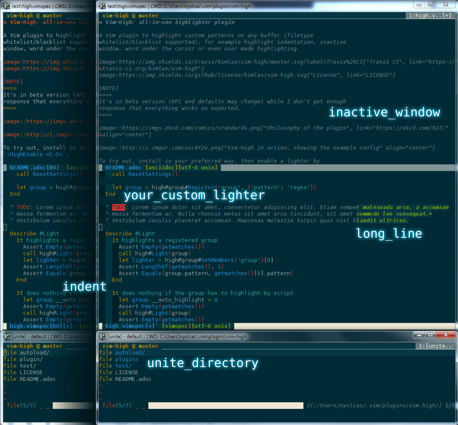 Vim-High in action, showing the example config