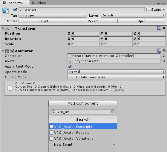 Add component, search for VRC_Avatar_Descriptor