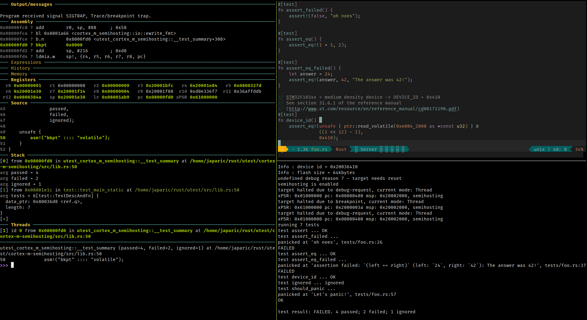 Running unit tests on a Cortex-M3 microcontroller