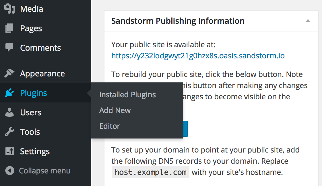 Screenshot of "Plugins" fly-out menu on WordPress Dashboard.