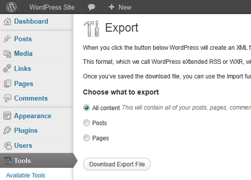 WordPress content export