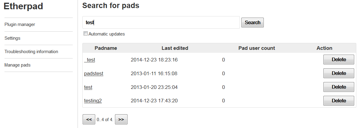 Etherpad admin page to list and search all pads.